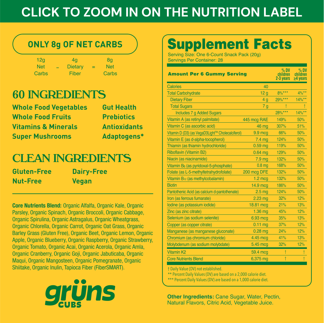 Supplement facts label highlighting ingredients and nutritional information for a vegan, gluten-free snack with adaptogens.