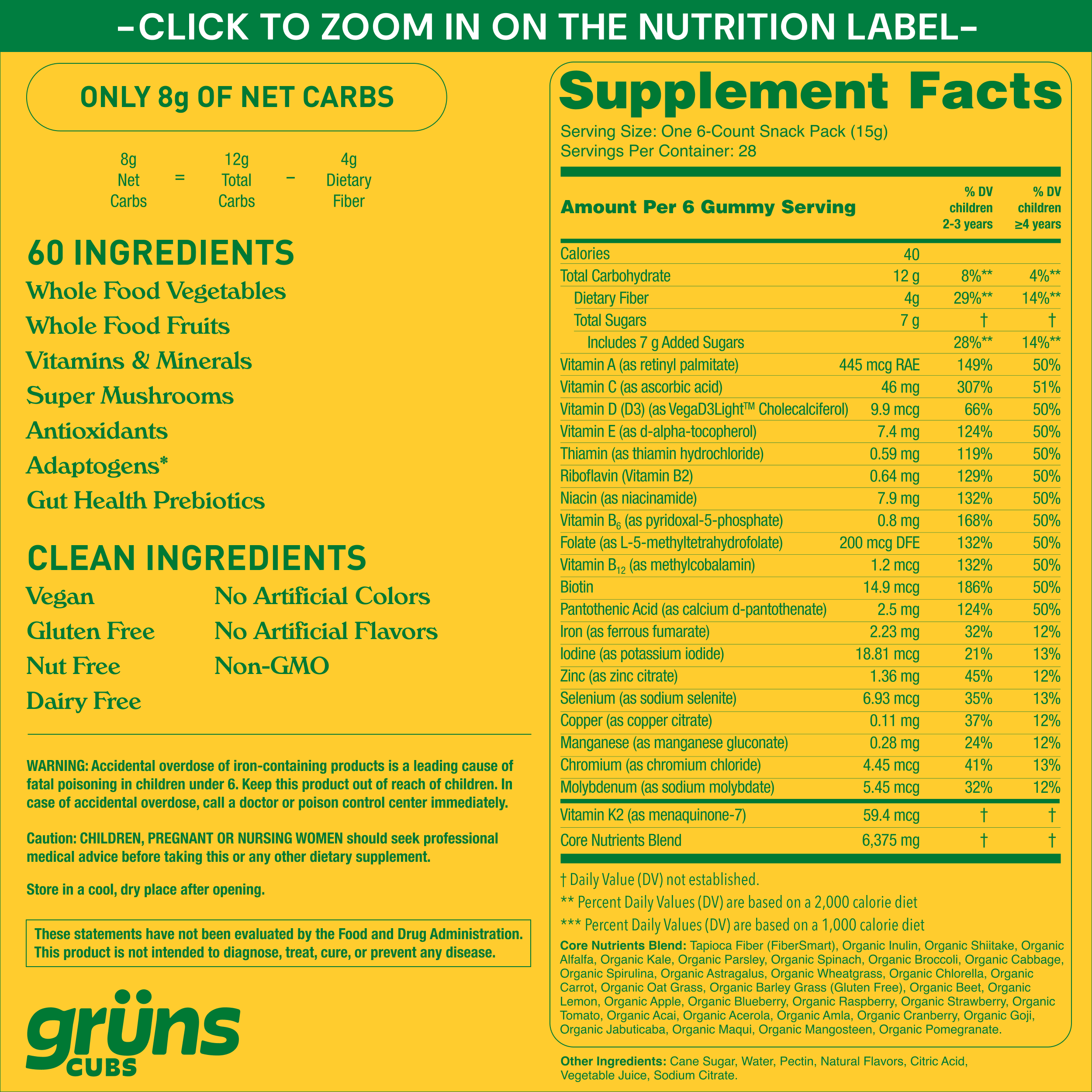 Supplement facts label highlighting ingredients and nutritional information for a vegan, gluten-free snack with adaptogens.