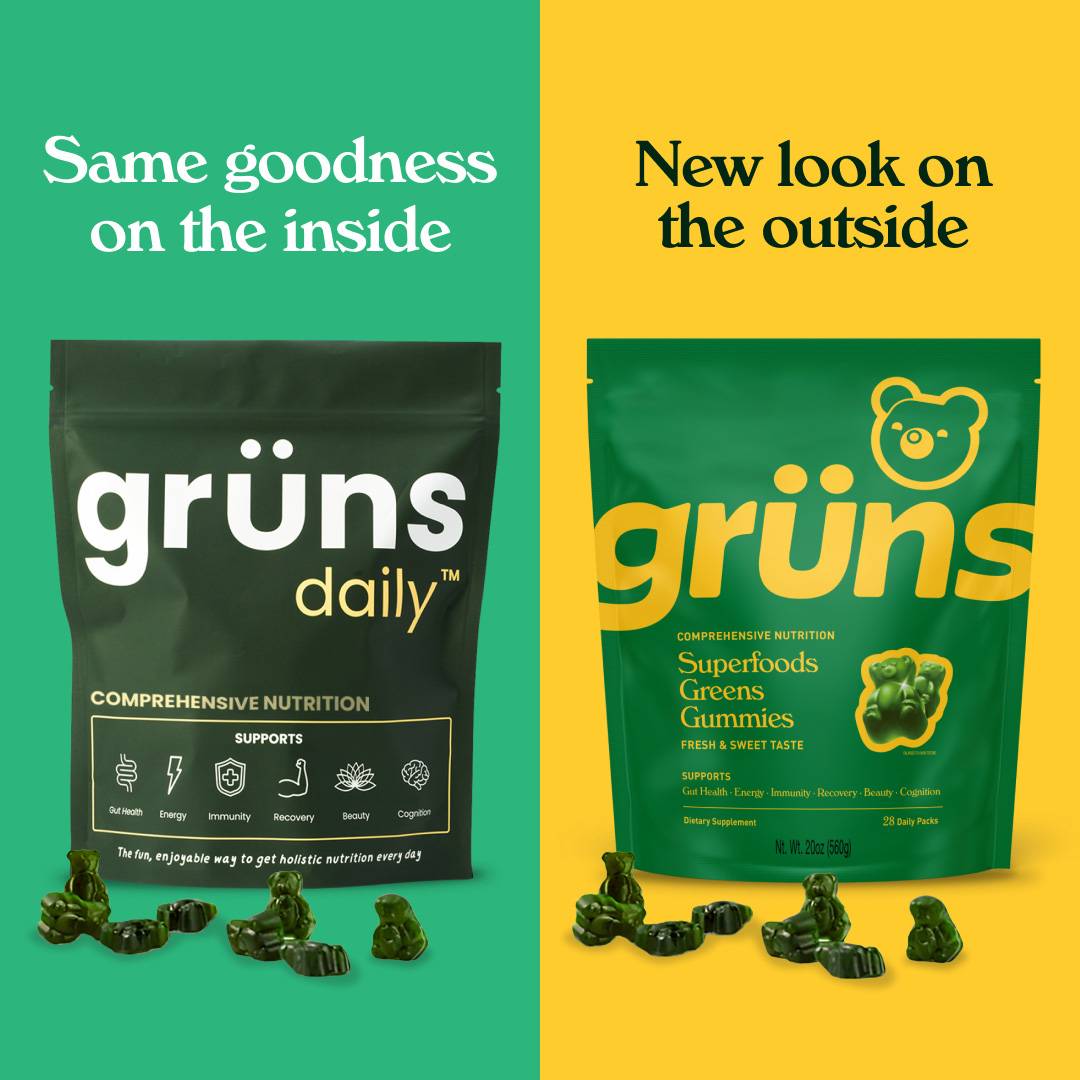 Two grüns packaging designs side by side, featuring green gummy bears beneath.