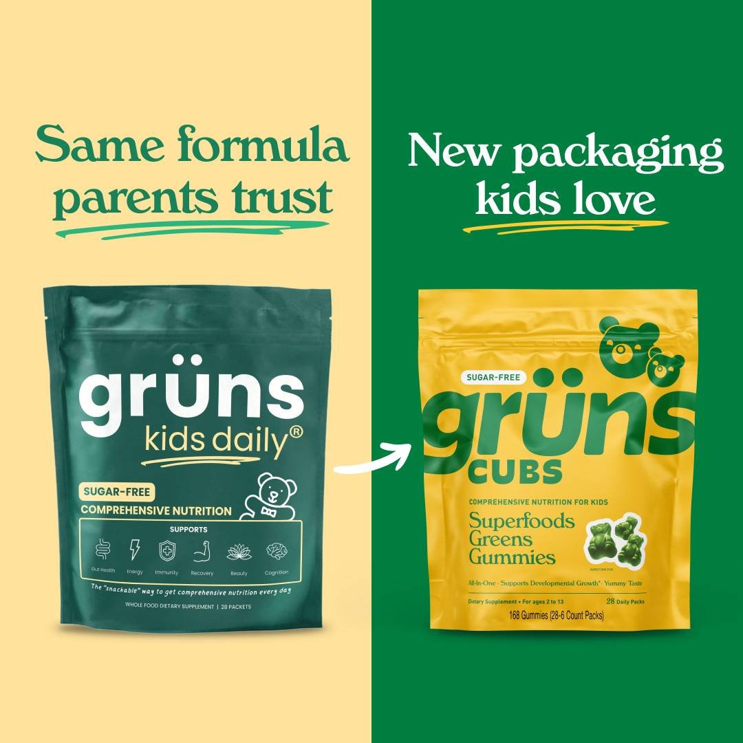 Grüns kids' dietary supplement packaging update from 'Kids Daily' to 'Cubs.'