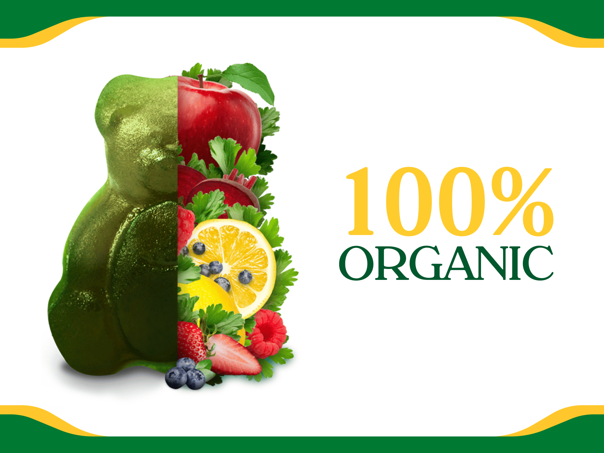Half gummy bear, half fruit collage with '100% Organic' text.