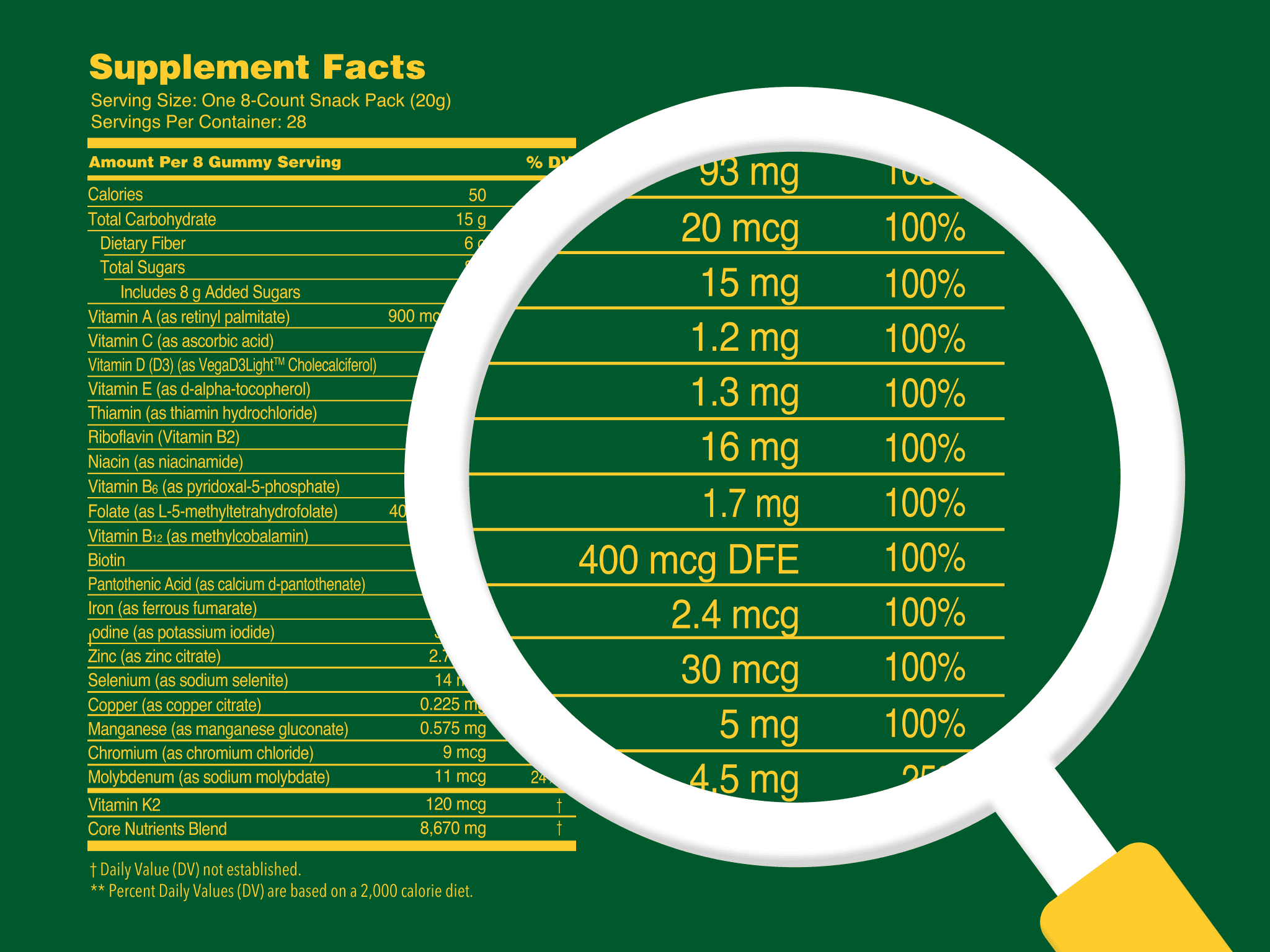 Supplement facts label with highlighted nutritional information and daily values under magnifying glass.