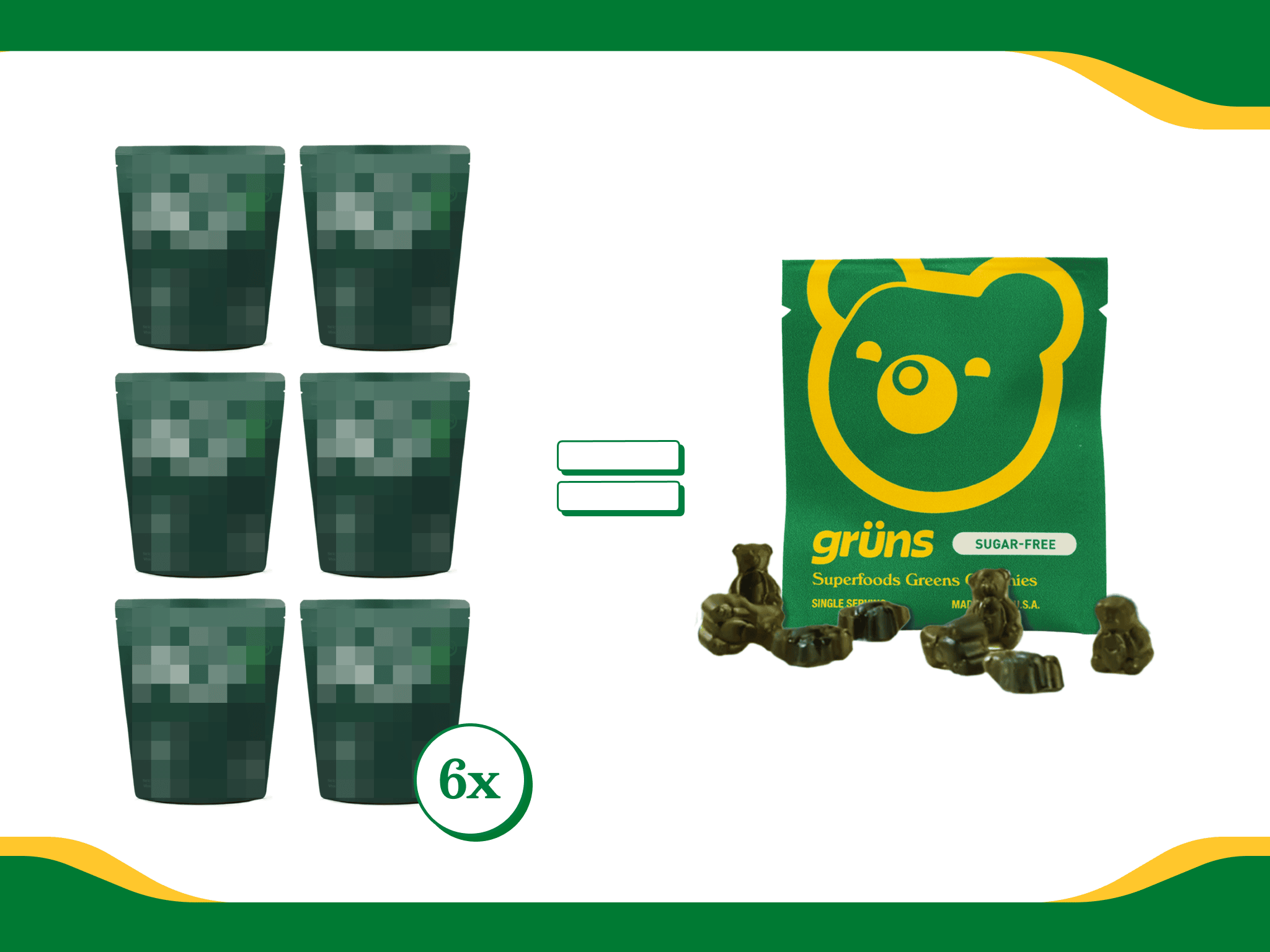Six green cups equal a packet of green bear-shaped gummies with yellow bear logo.