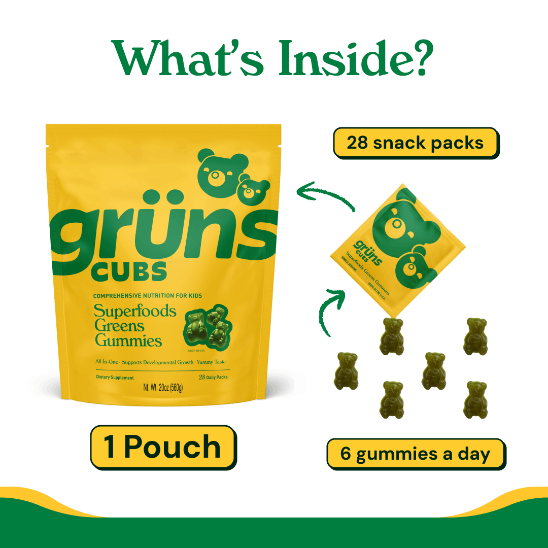 Packaging of Grüns Cubs Superfoods Greens Gummies for kids with snack packs and gummies shown.