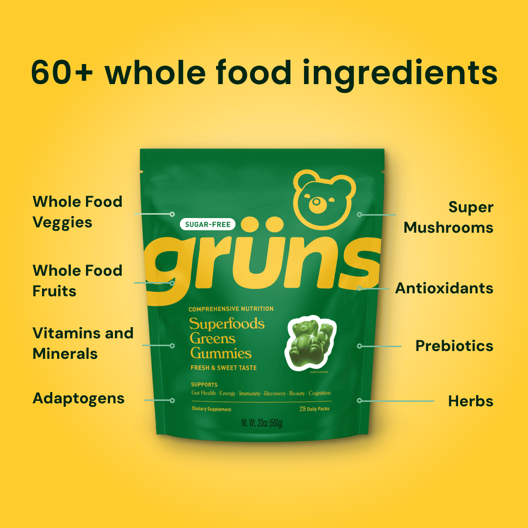 Package of grüns Superfoods Greens Gummies with key ingredients highlighted.